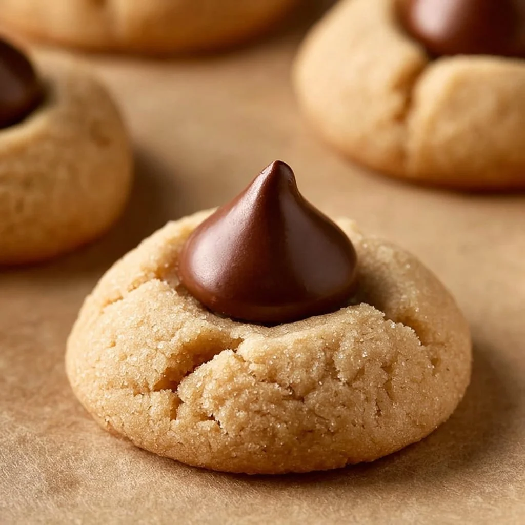 Homemade Peanut Butter Blossoms cookies topped with chocolate kisses.
