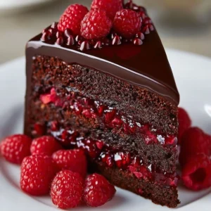 Delicious Chocolate Raspberry Truffle Cake adorned with fresh raspberries