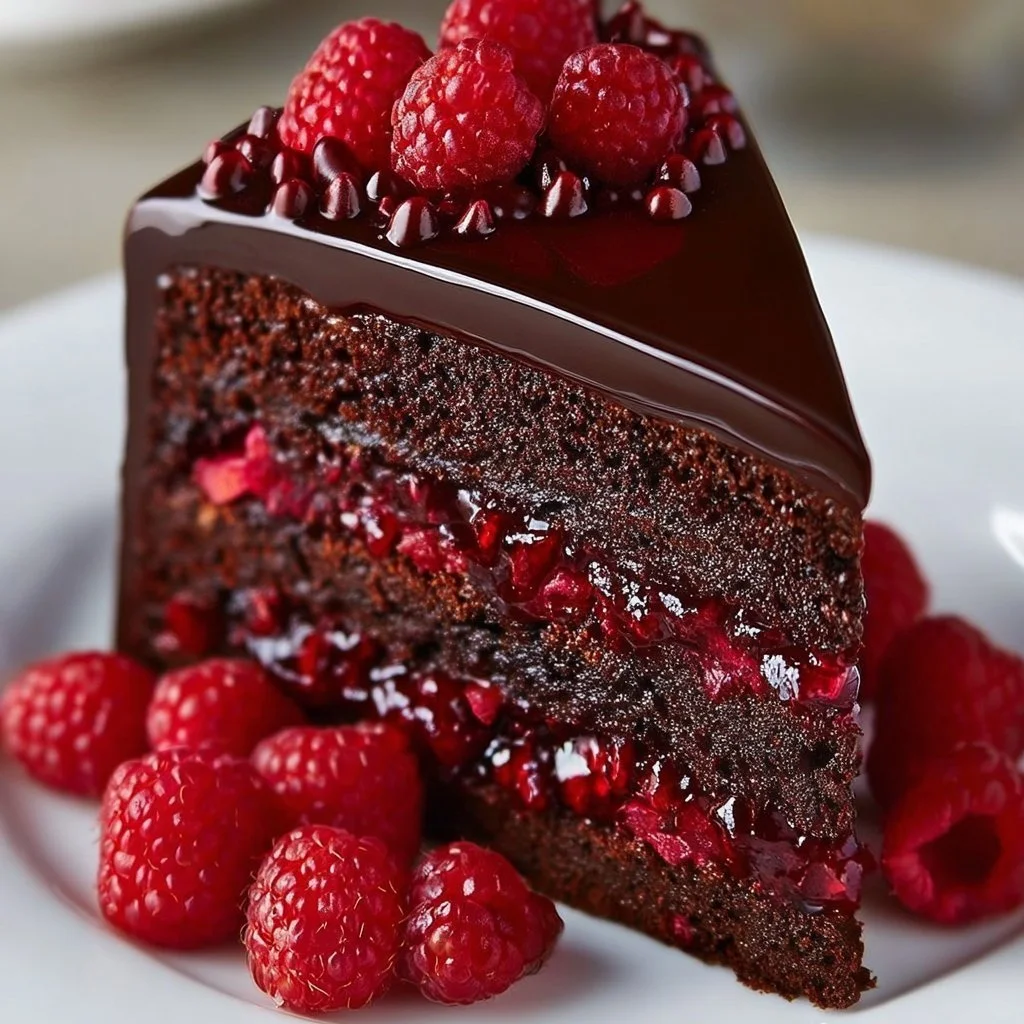 Delicious Chocolate Raspberry Truffle Cake adorned with fresh raspberries
