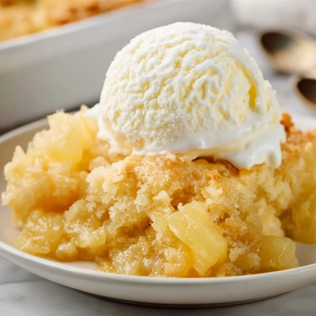 Delicious Pineapple Dump Cake served with a scoop of vanilla ice cream
