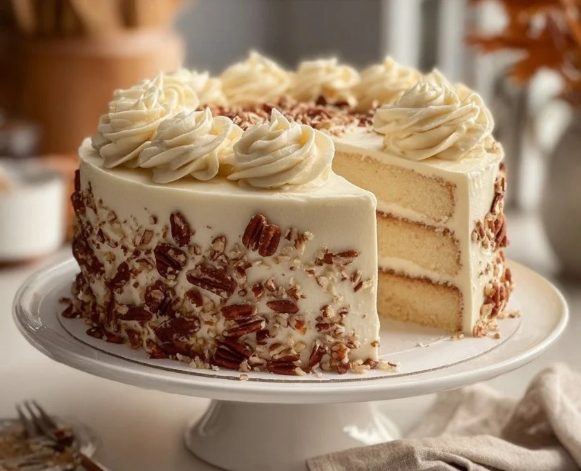 Slice of Quick Italian Cream Cake with creamy frosting and coconut topping