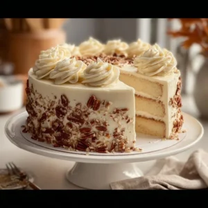 Delicious slice of Italian Cream Cake topped with coconut and pecans, ready to enjoy.