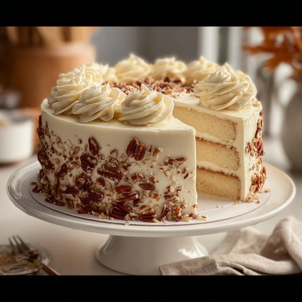 Delicious slice of Italian Cream Cake topped with coconut and pecans, ready to enjoy.