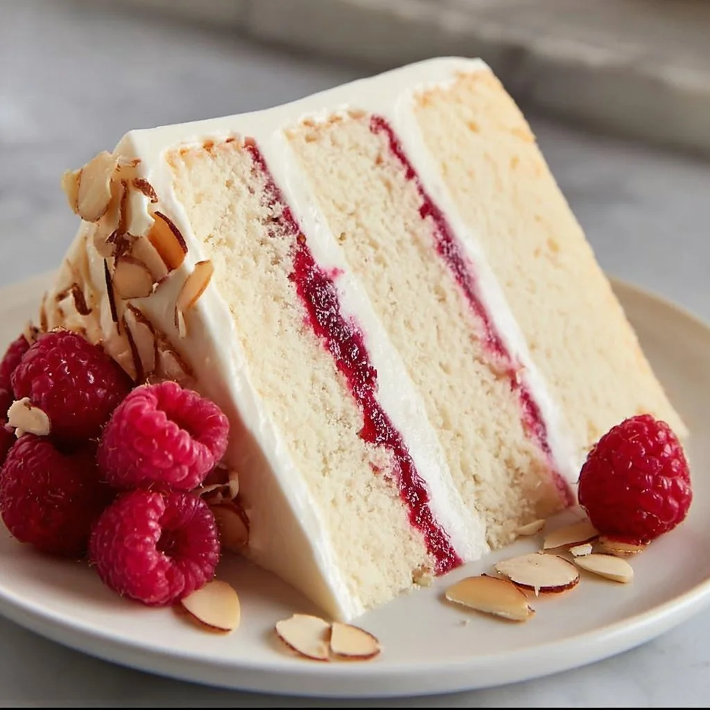 Slice of Raspberry Almond Cake topped with fresh raspberries and almonds