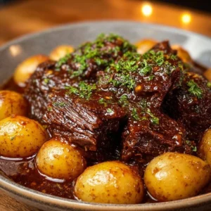 Slow Cooker Garlic Butter Beef with Potatoes dish ready to be served