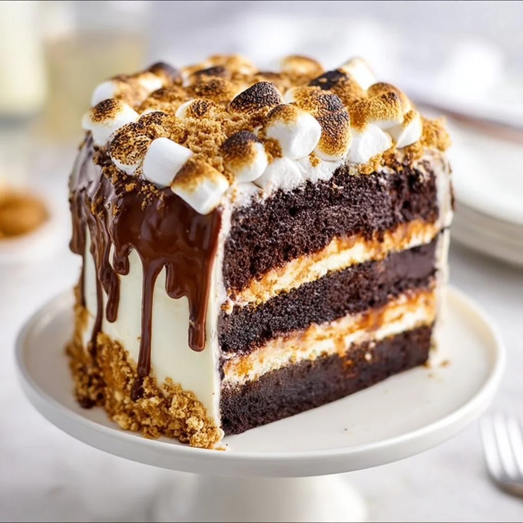 Delicious S'mores Chocolate Cake with layers of chocolate and toasted marshmallows.