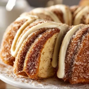 Delicious Snickerdoodle Bundt Cake with cinnamon topping on a white plate.