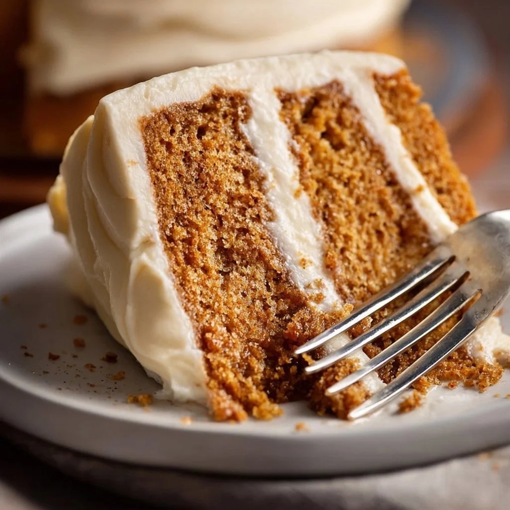 Delicious homemade spice cake topped with frosting and garnished with cinnamon.