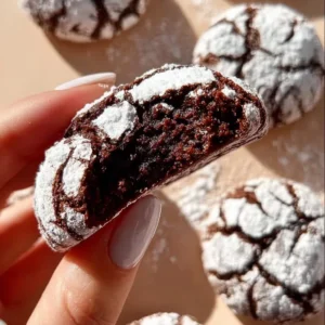 Delicious chocolate crinkle cookies dusted with powdered sugar on a baking sheet