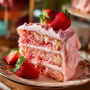 A slice of the best strawberry cake topped with fresh strawberries and whipped cream