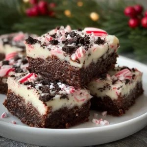Peppermint holiday bars decorated with festive sprinkles and a candy cane on top.