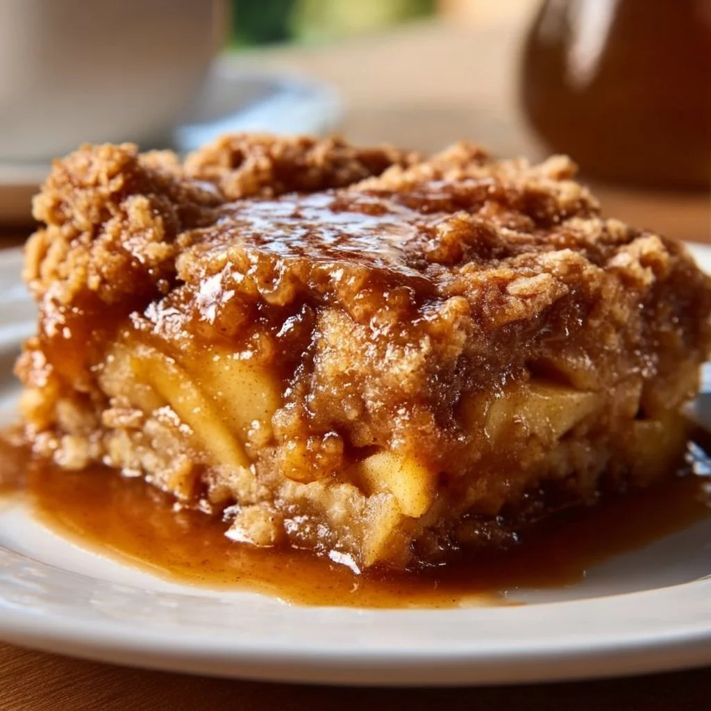 Delicious caramel apple dump cake topped with caramel and apple slices