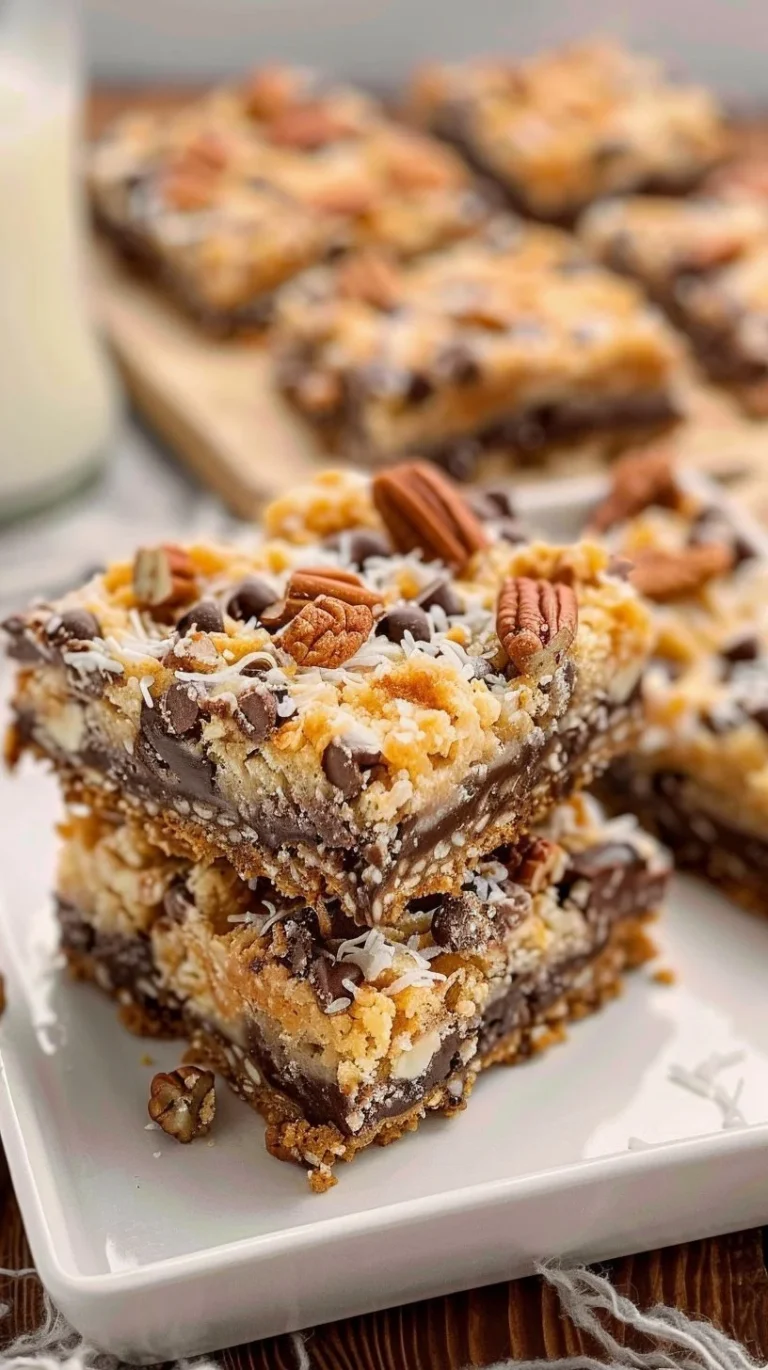 Delicious homemade 7 Layer Bars with chocolate, coconut, and nuts.