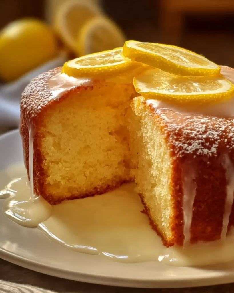 Delicious lemon cake with frosting and lemon slices on a decorative platter