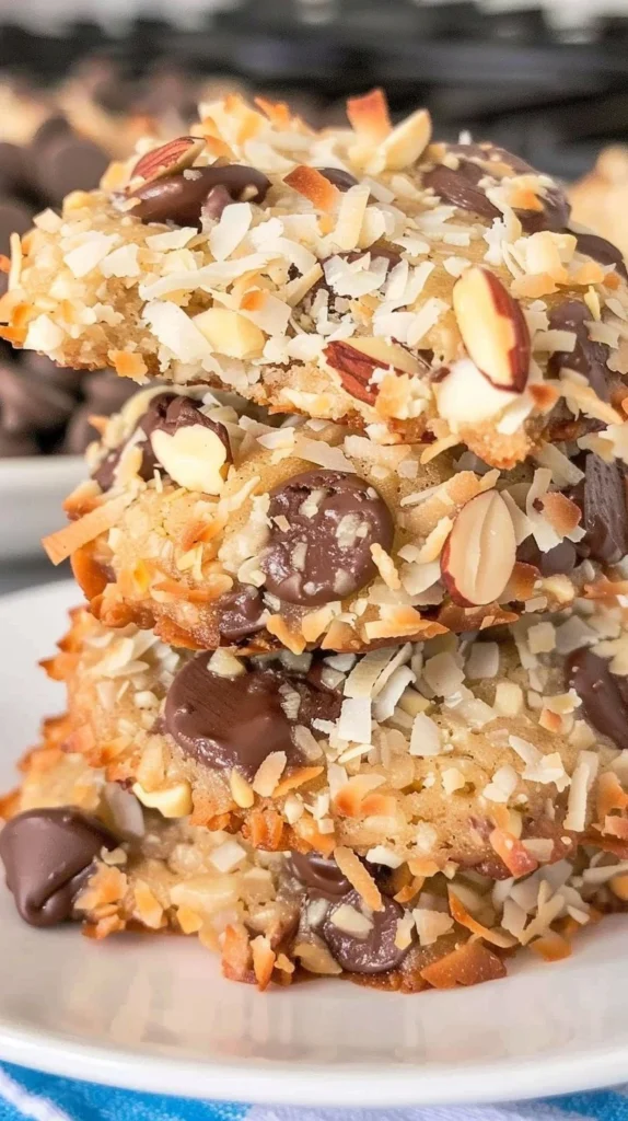 Plate of homemade Almond Joy Cookies with chocolate, coconut, and almonds