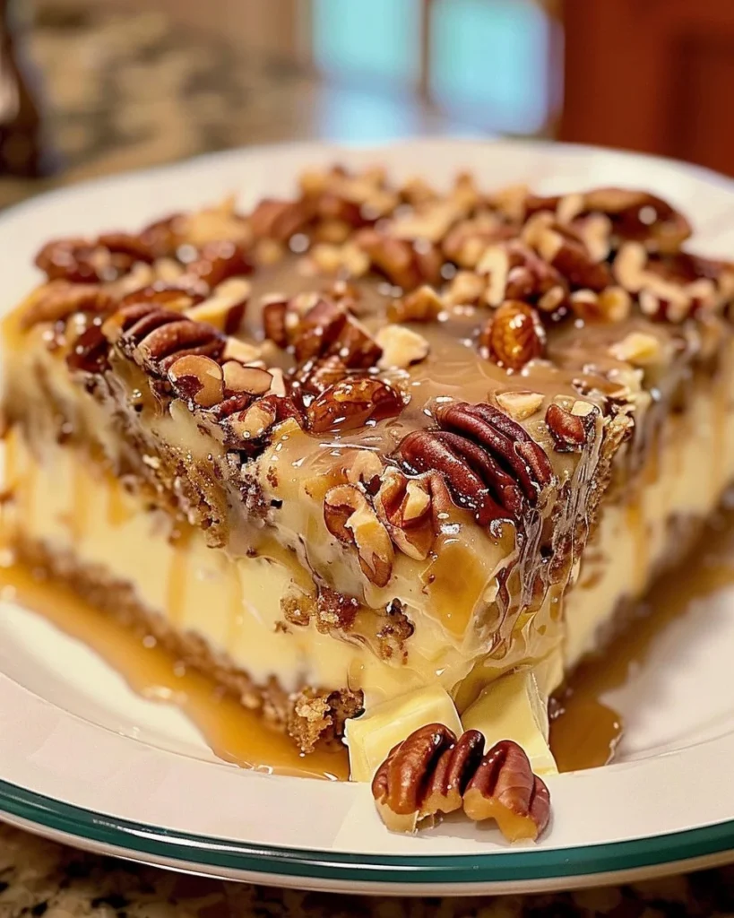 Delicious Butter Pecan Praline Poke Cake with pecans and praline topping