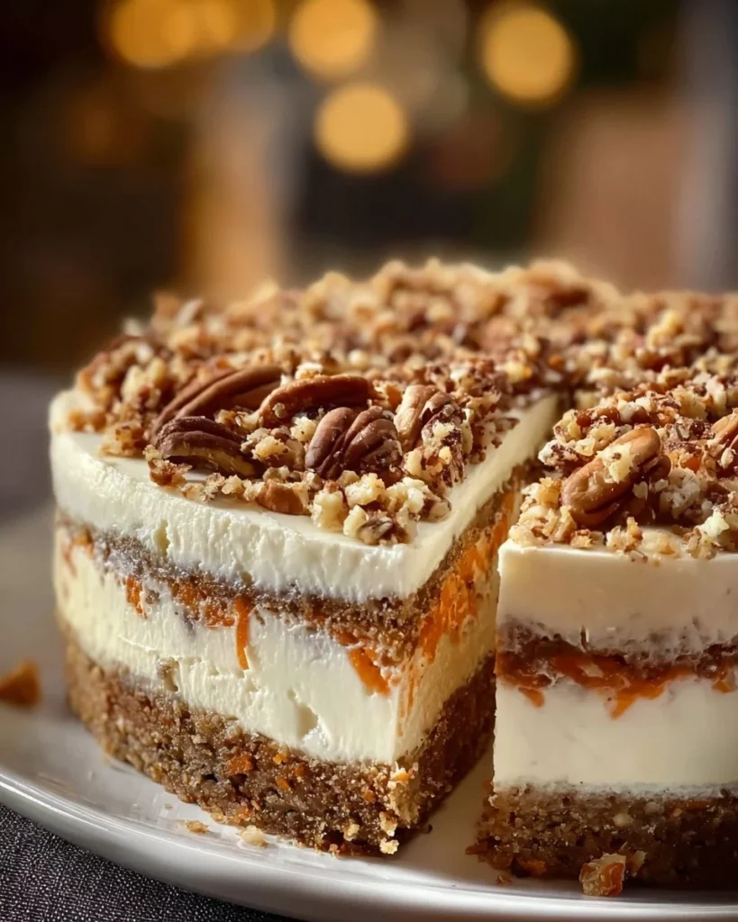 Delicious carrot cake cheesecake slice topped with cream cheese frosting and walnuts.