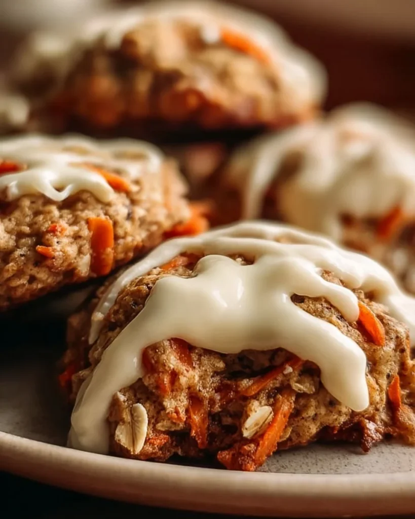 Carrot Oatmeal Cookies with Cream Cheese Frosting on a dessert plate