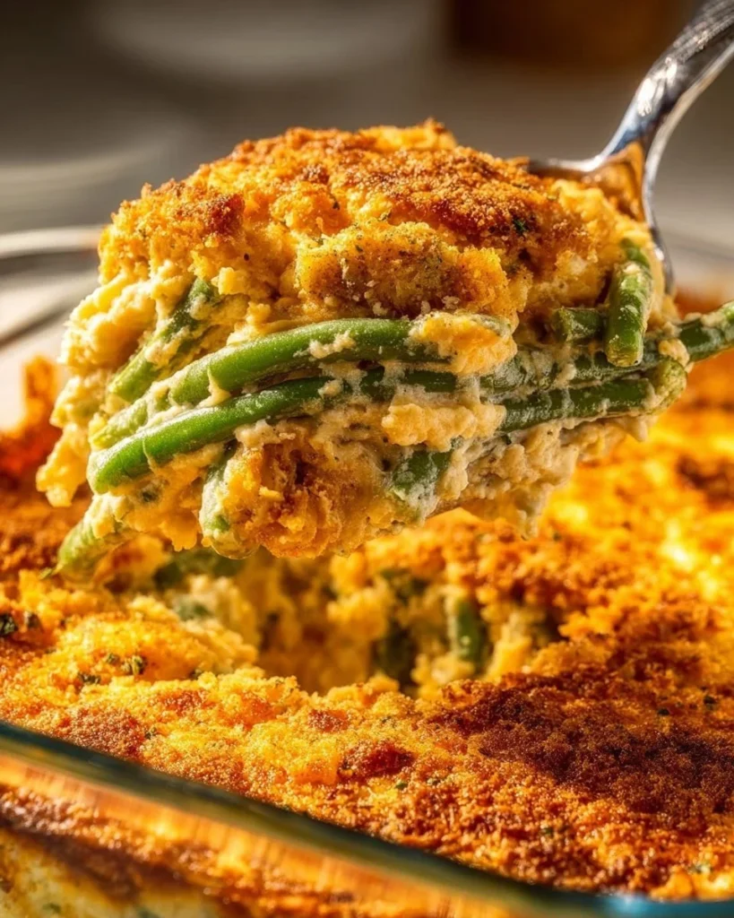 Cheddar Bay Green Bean Casserole served in a dish with toppings and herbs.