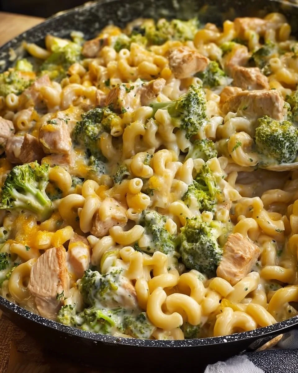 Delicious Cheesy Chicken Broccoli Mac dish served in a bowl
