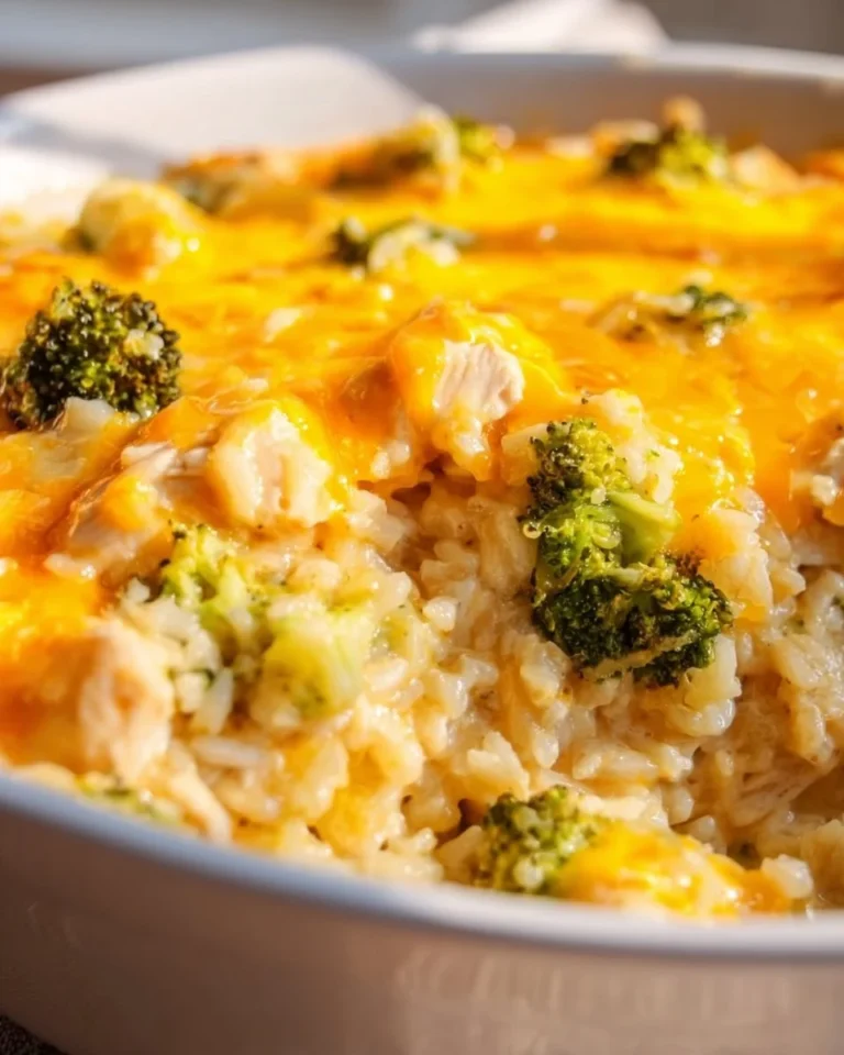 Cheesy chicken broccoli rice casserole with melted cheese and green broccoli