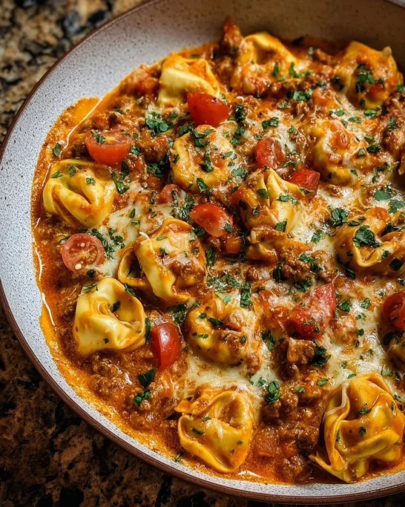 Cheesy Enchilada Beef Tortellini Skillet served in a cast iron pan.