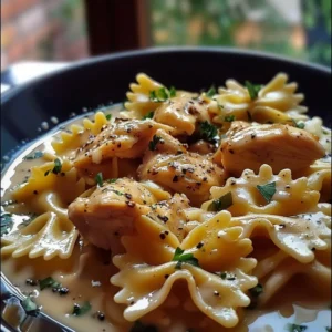 Cheesy Garlic Butter Chicken Bowties served in a bowl