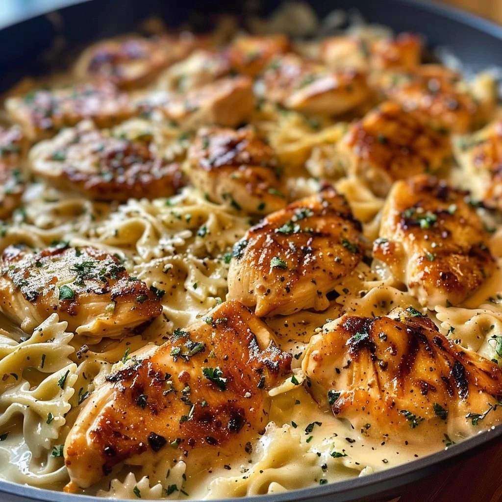 Cheesy Garlic Butter Chicken Bowties served in a bowl with garnished herbs