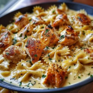 Cheesy Garlic Butter Chicken Bowties with Mozzarella Cream Sauce served in a bowl.