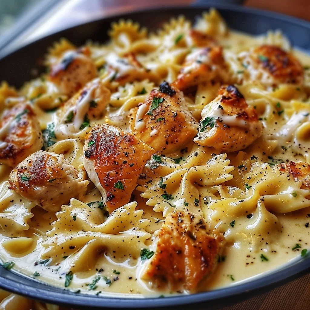 Cheesy Garlic Butter Chicken Bowties with Mozzarella Cream Sauce served in a bowl.
