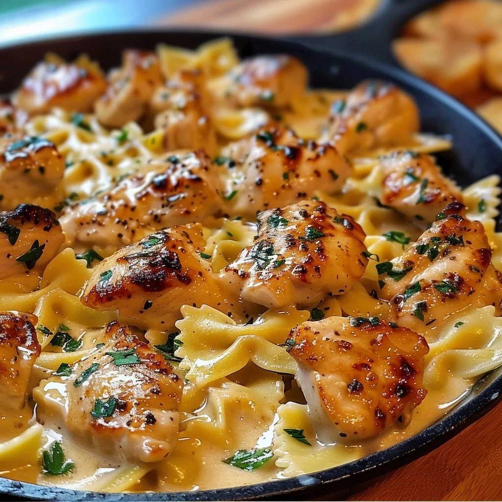 Cheesy garlic butter chicken with bowtie pasta in creamy sauce