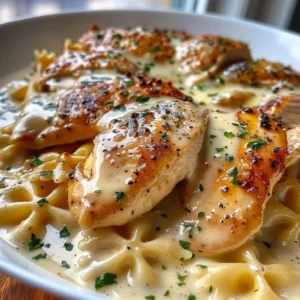 Plate of cheesy garlic butter chicken with bowtie pasta and creamy sauce