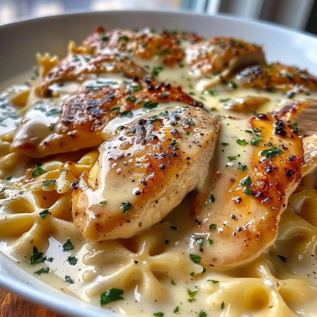 Plate of cheesy garlic butter chicken with bowtie pasta and creamy sauce