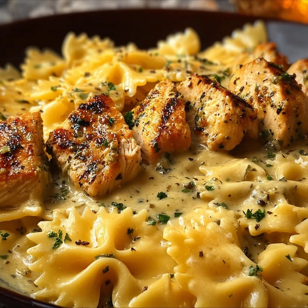 Cheesy Garlic Chicken Pasta with bowtie pasta and creamy sauce