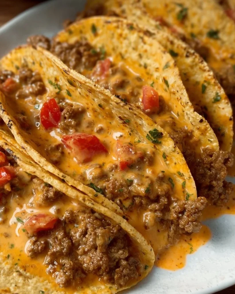 Cheesy Rotel Beef Tacos served on a plate