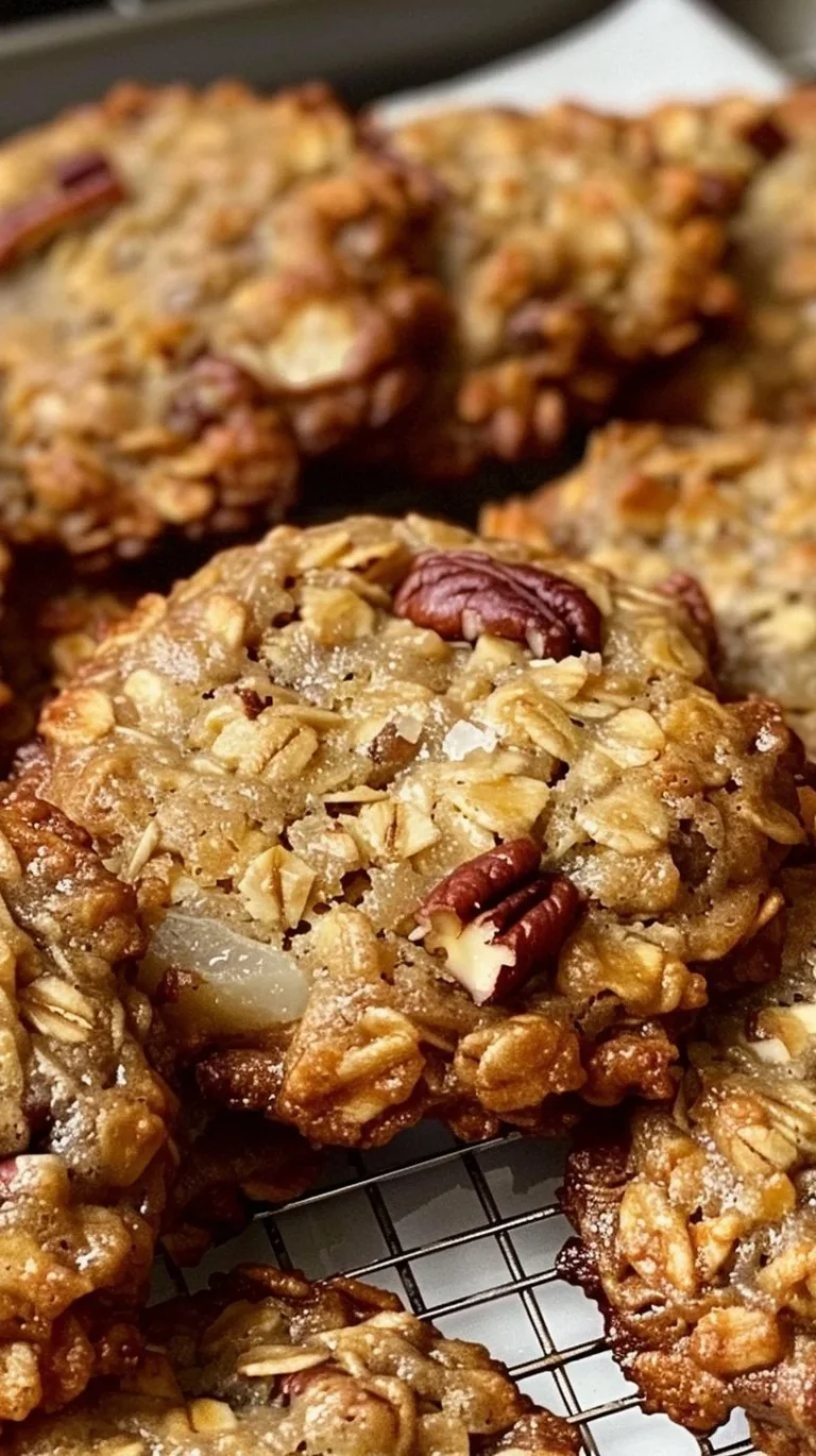 Chewy pecan oatmeal cookies with crispy edges on a plate