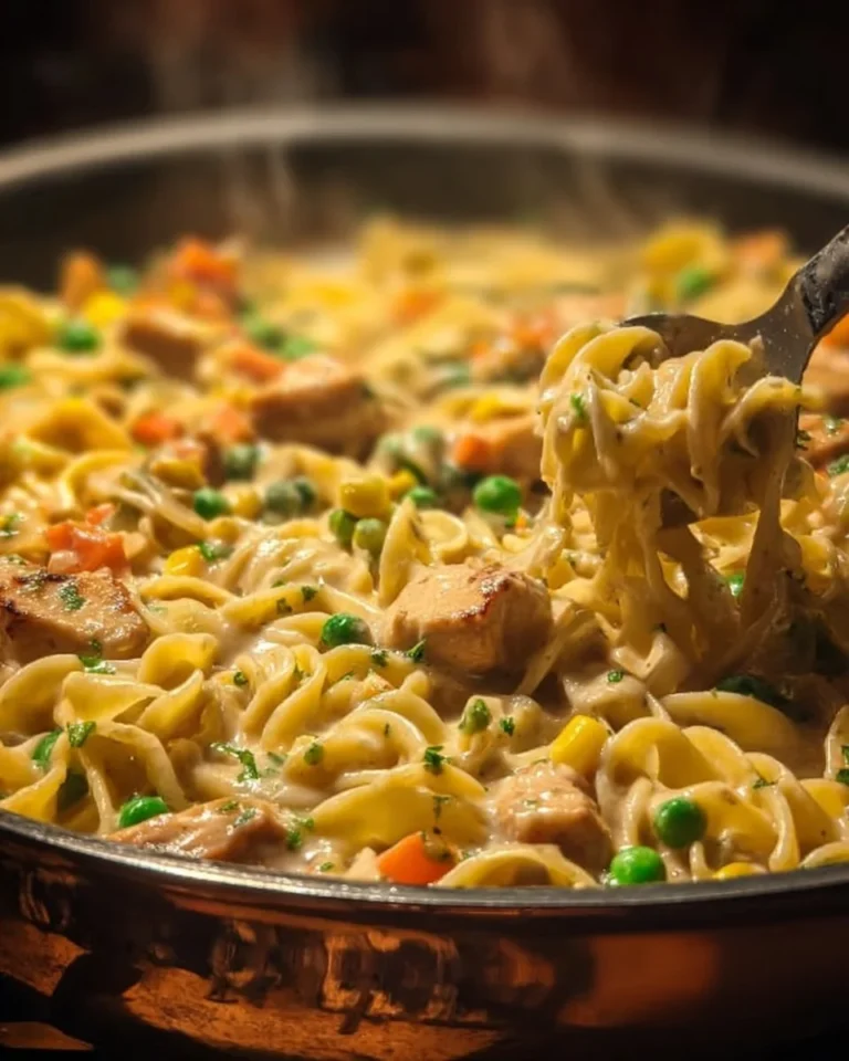 Creamy Chicken Pot Pie Pasta served in a bowl with fresh herbs.