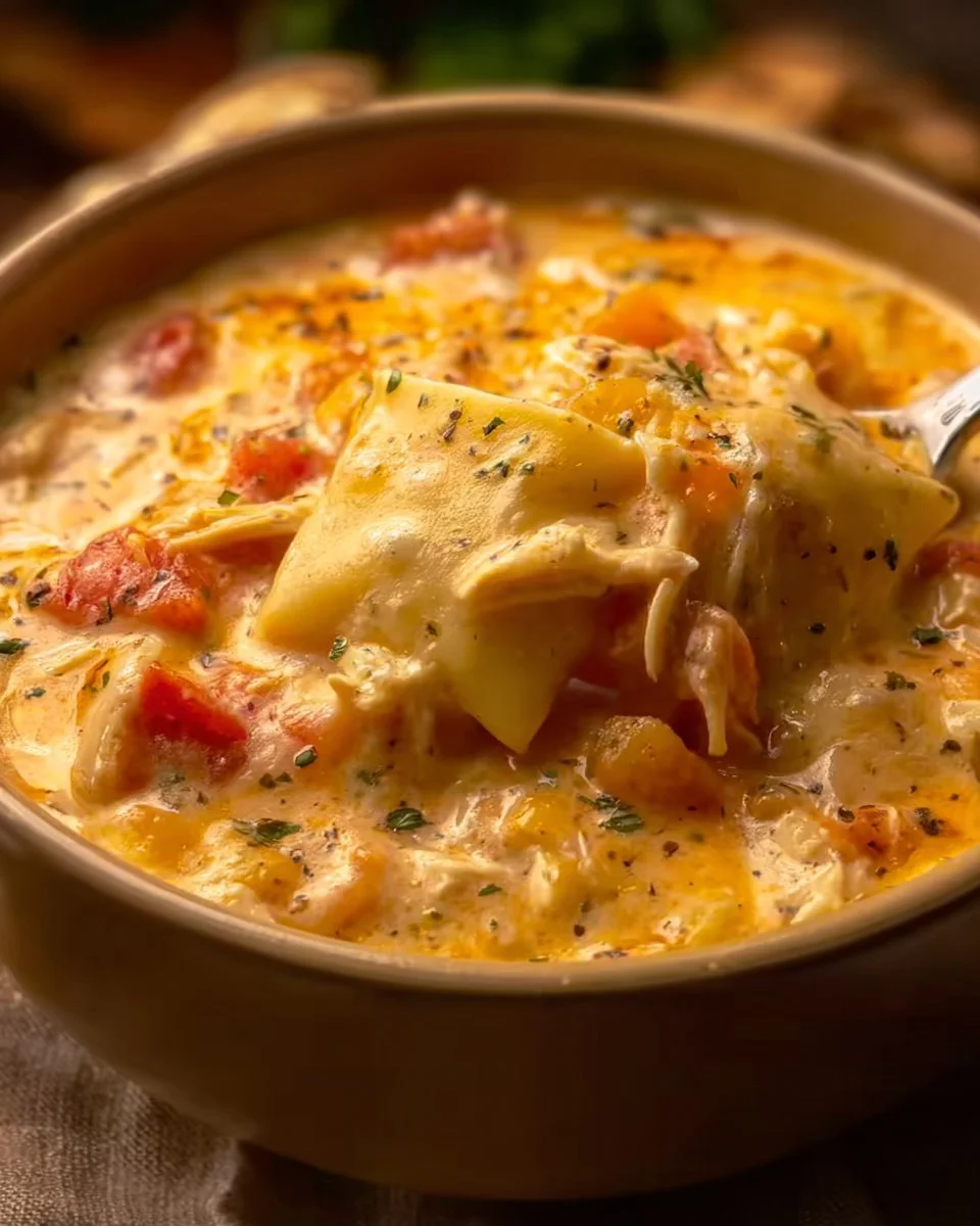 Delicious Chicken Ranch Lasagna Soup in a bowl with toppings