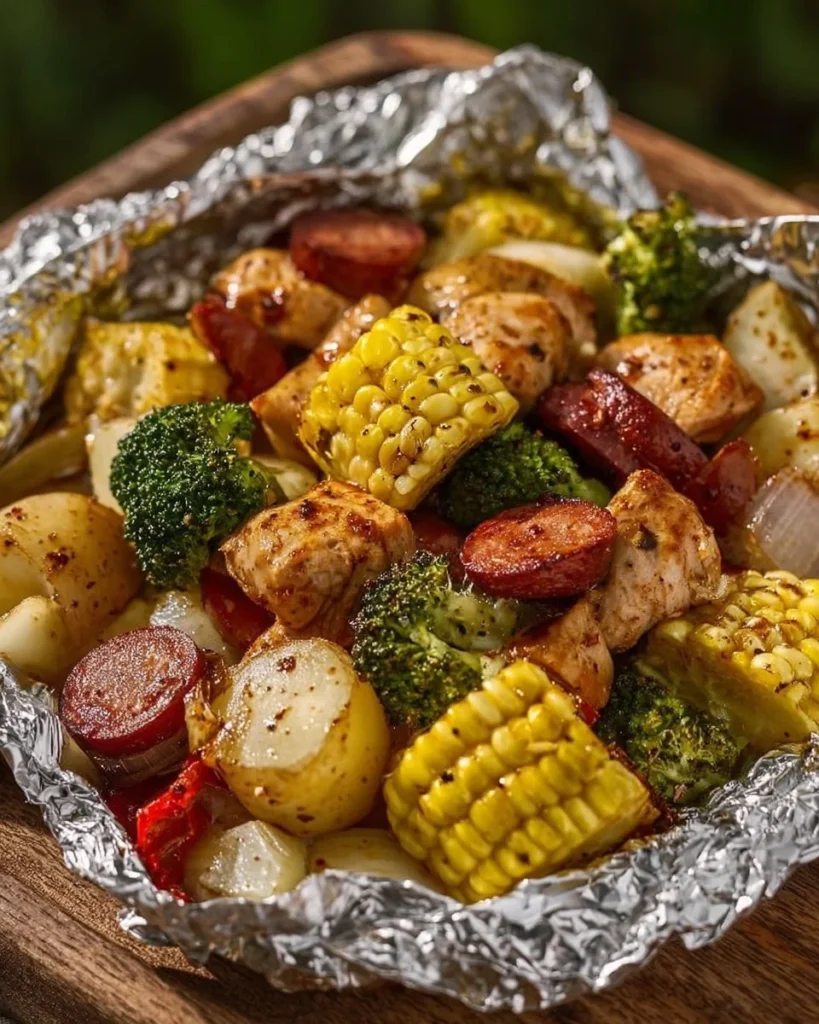 Delicious chicken, sausage, and vegetable foil packets ready for grilling.
