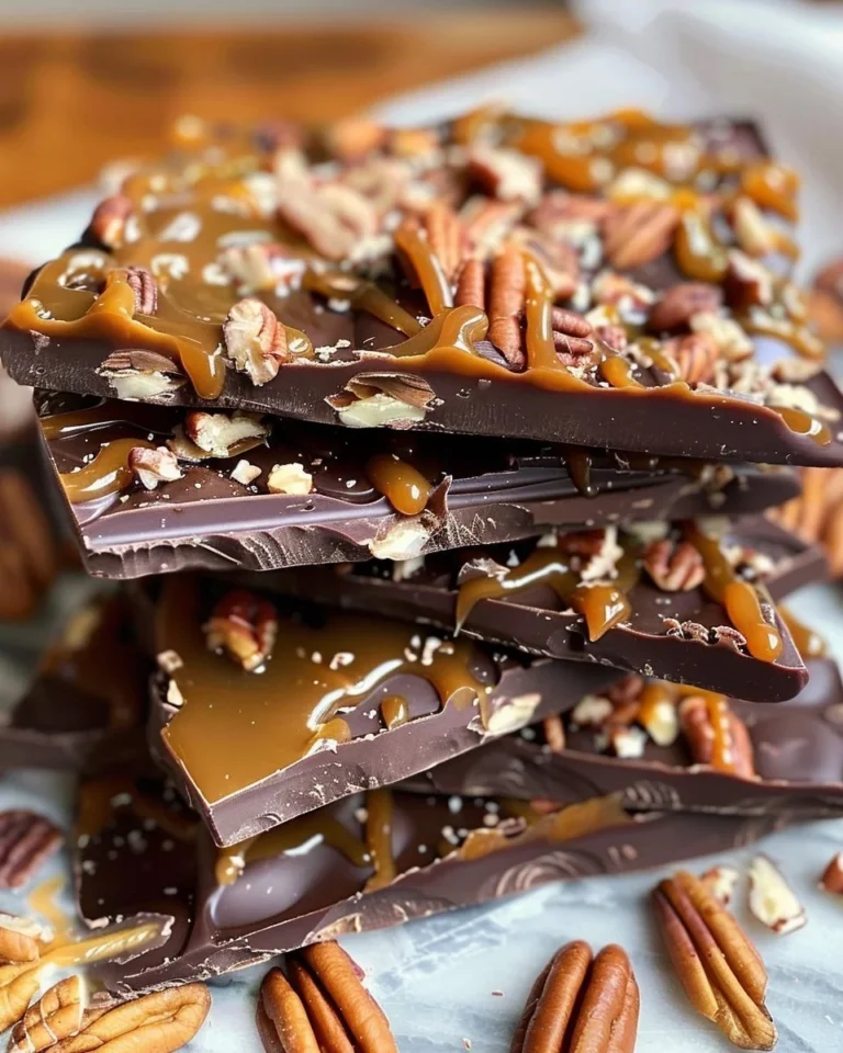 Delicious homemade chocolate caramel bark topped with nuts and sea salt.