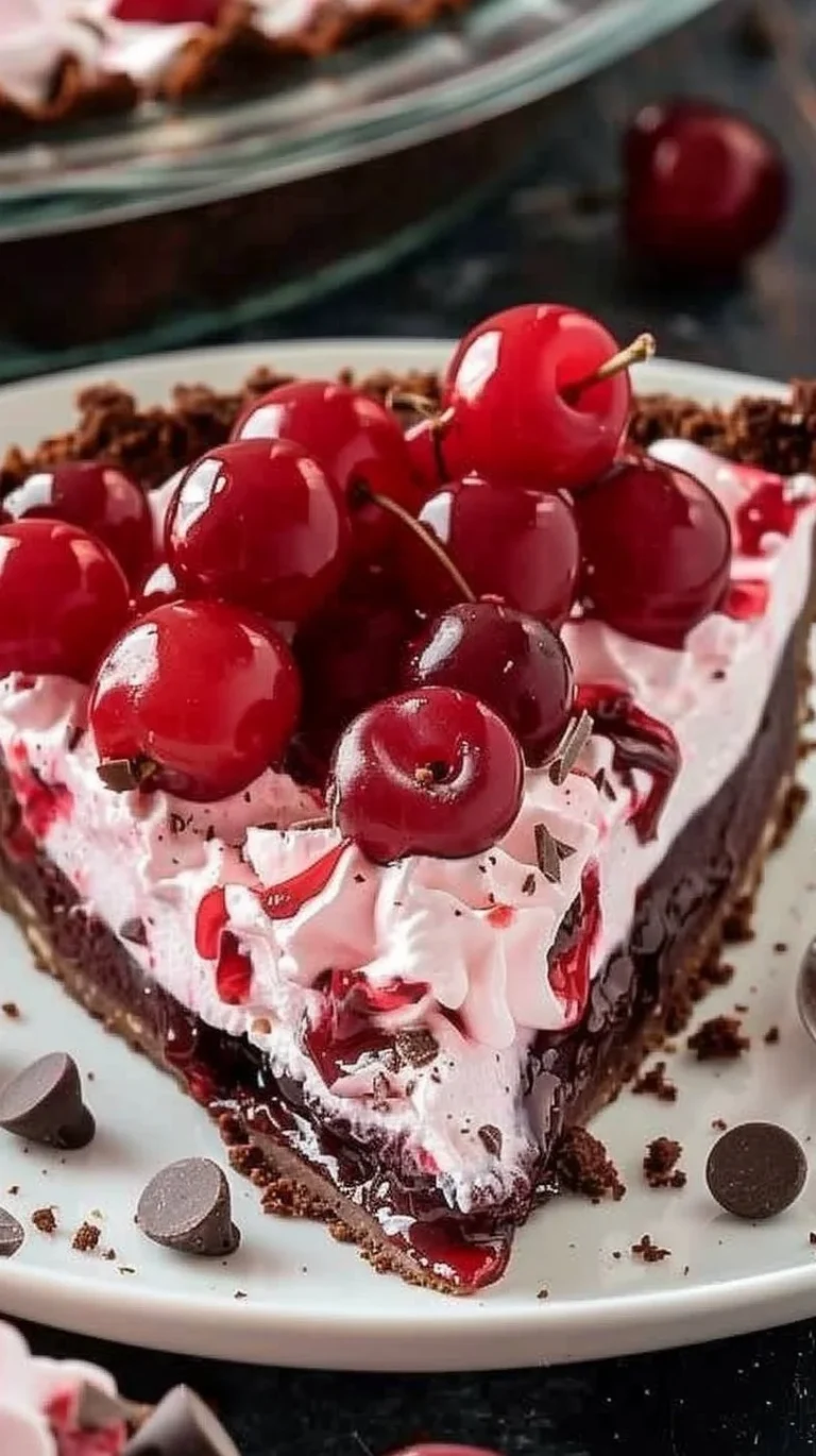 No bake chocolate cherry pie topped with fresh cherries and chocolate shavings