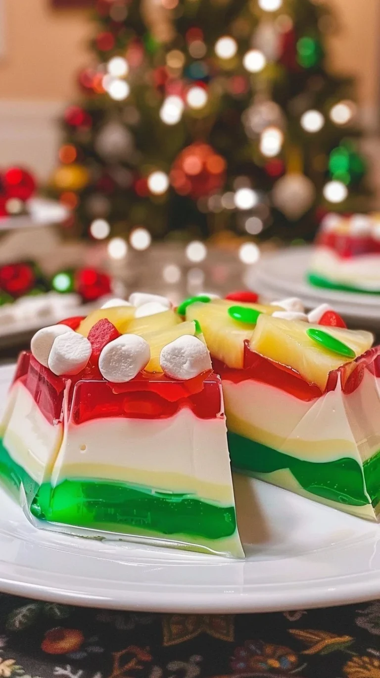 Colorful Christmas Ribbon Salad with layers of vegetables and festive ingredients