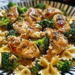 Delicious Cowboy Butter Lemon Bowtie Chicken served with broccoli.