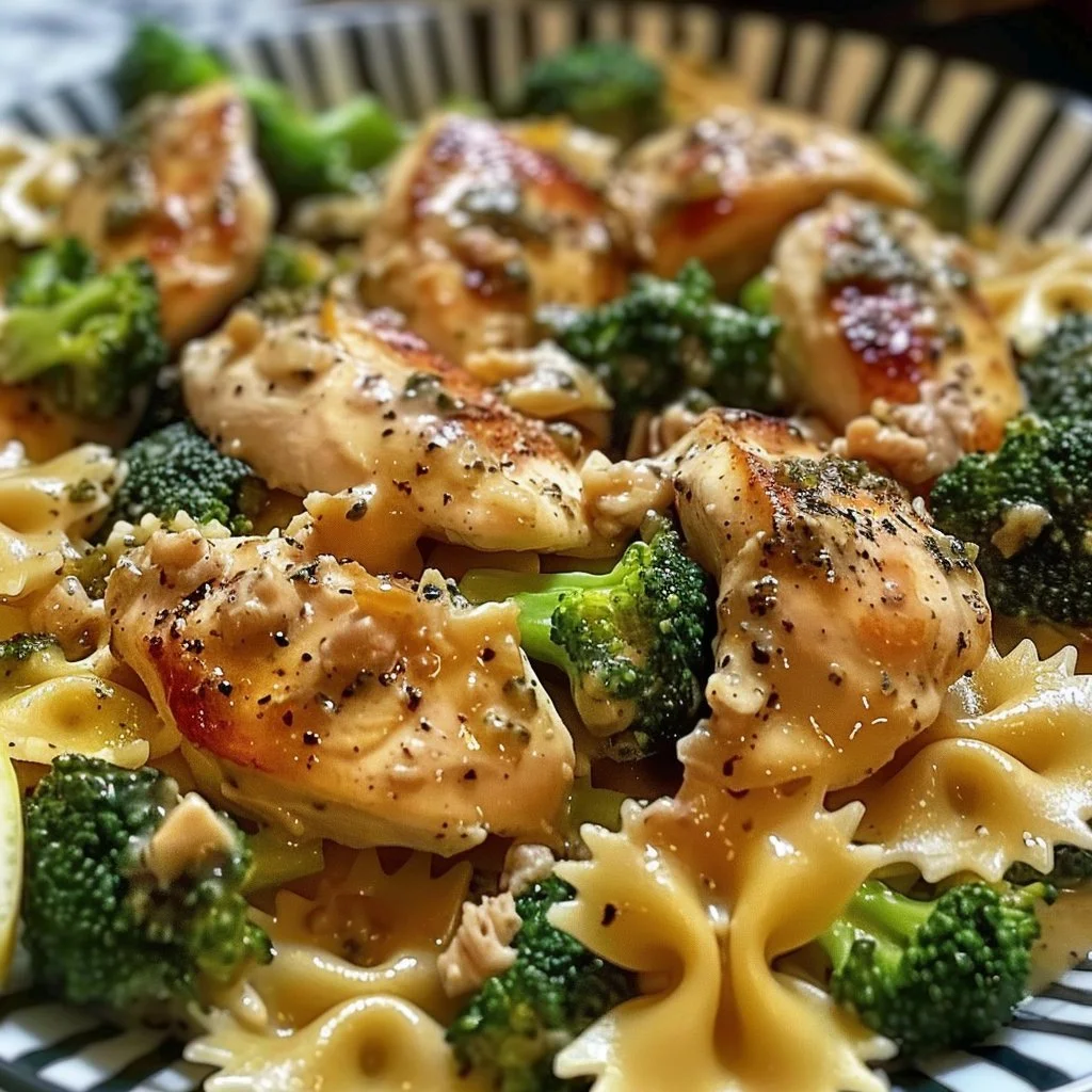 Delicious Cowboy Butter Lemon Bowtie Chicken served with broccoli.