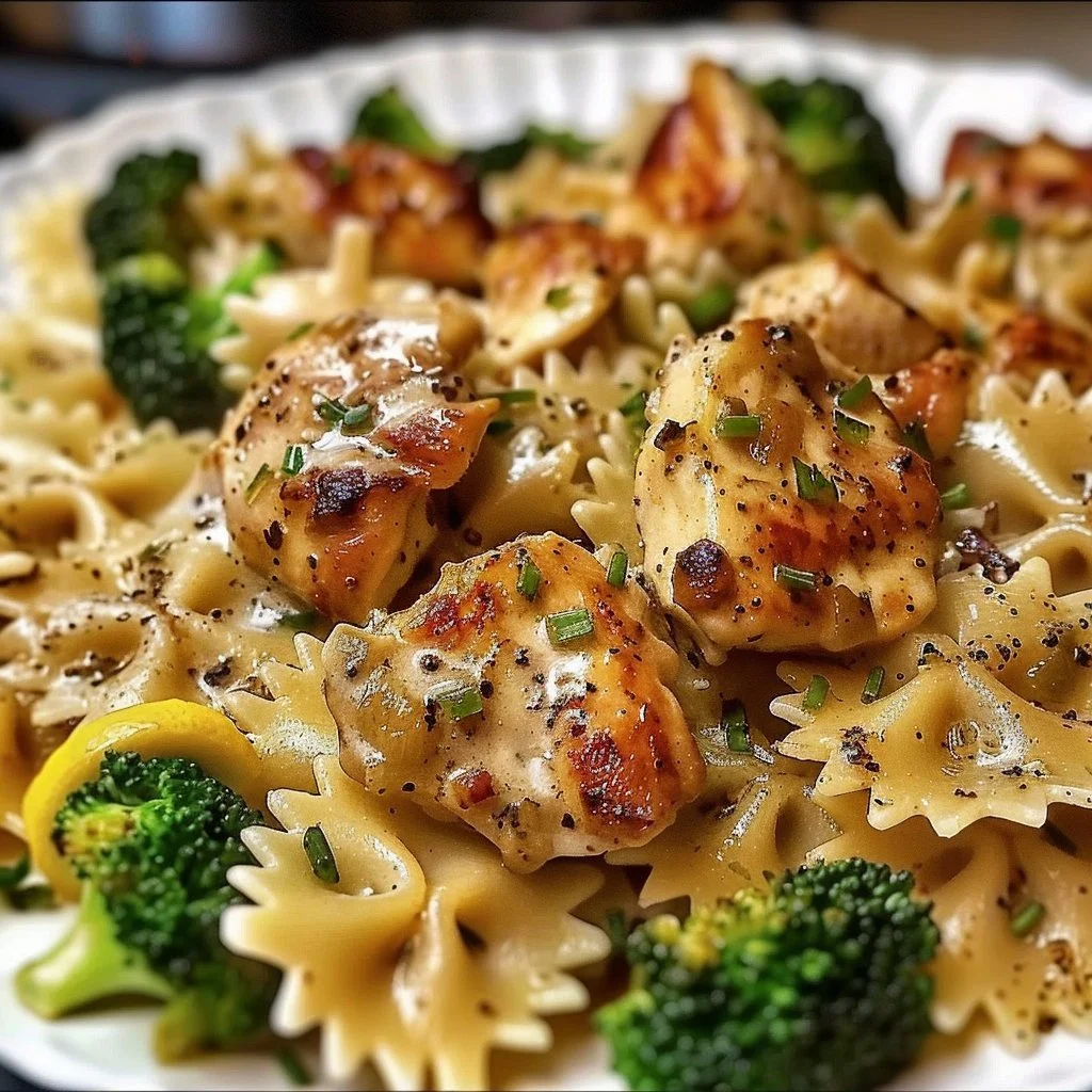 Cowboy Butter Lemon Bowtie Chicken with Broccoli in a bowl