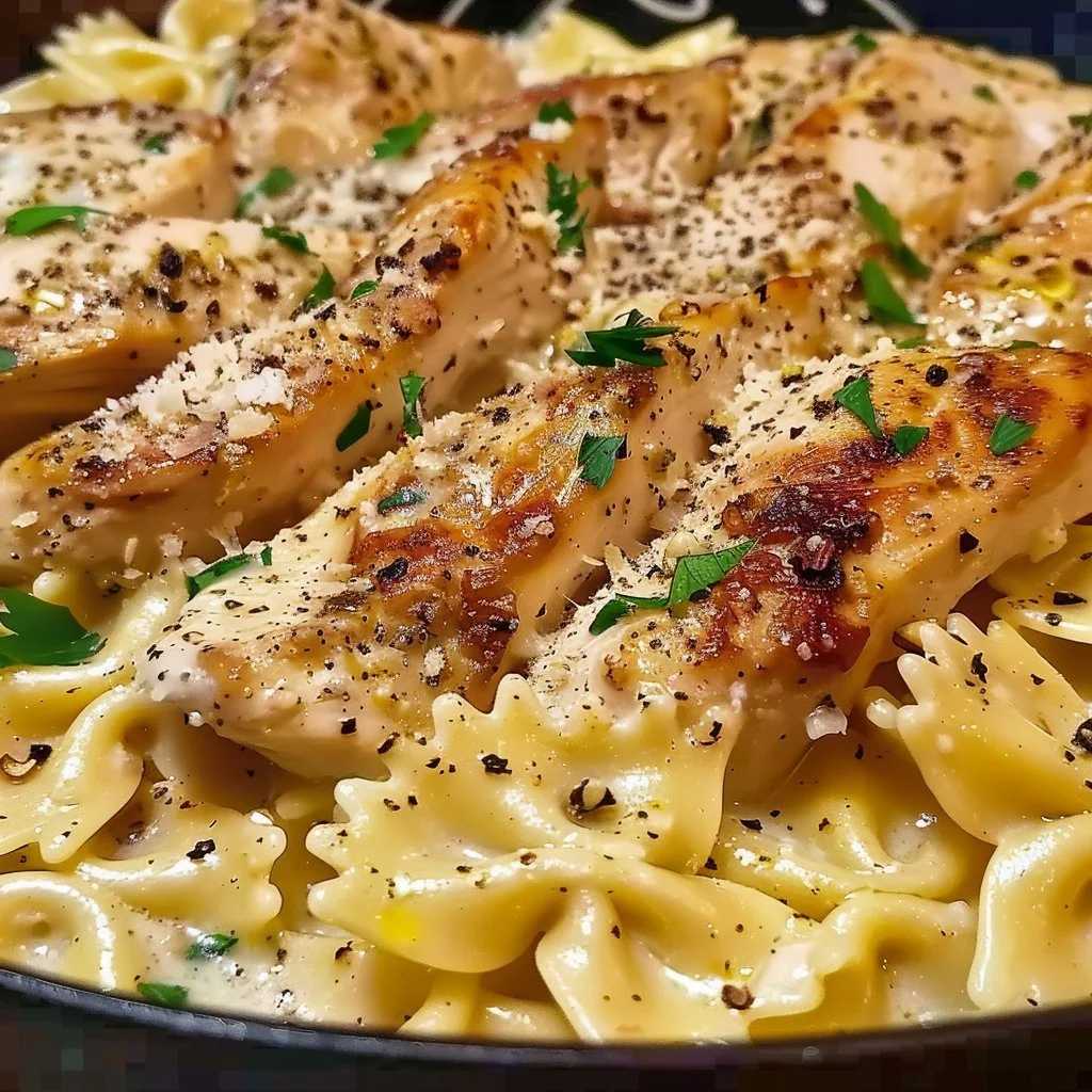 Creamy garlic chicken bowtie pasta dish garnished with parsley.