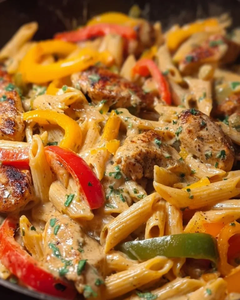 Creamy jerk chicken rasta pasta dish garnished with fresh herbs.