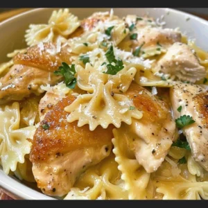 Creamy lemon chicken served with pasta in a delicious sauce