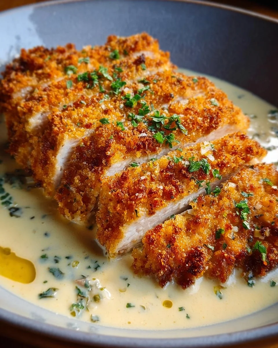 Crispy Parmesan Chicken with Creamy Garlic Sauce