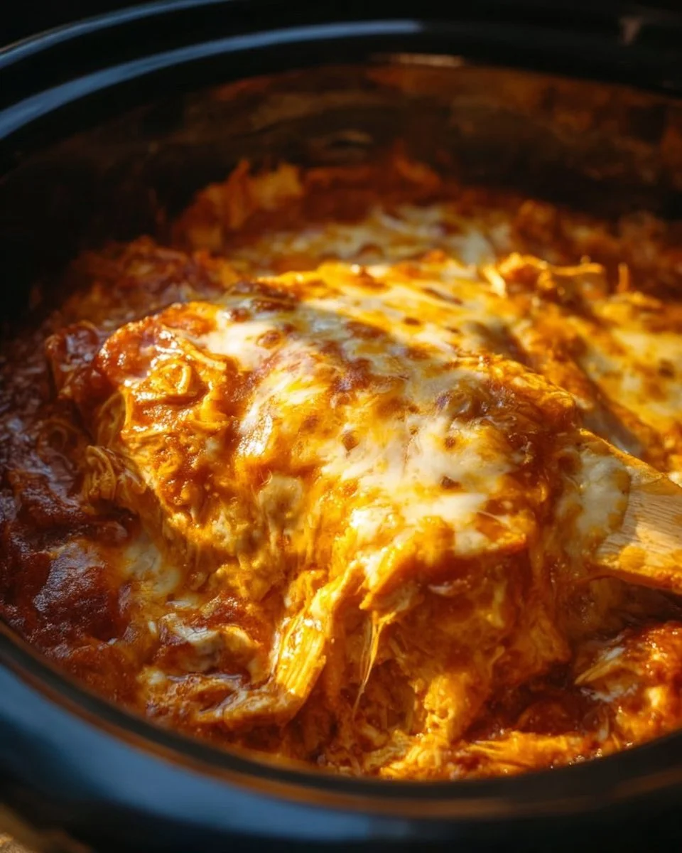 Crockpot Chicken Enchilada Casserole served on a plate with garnish